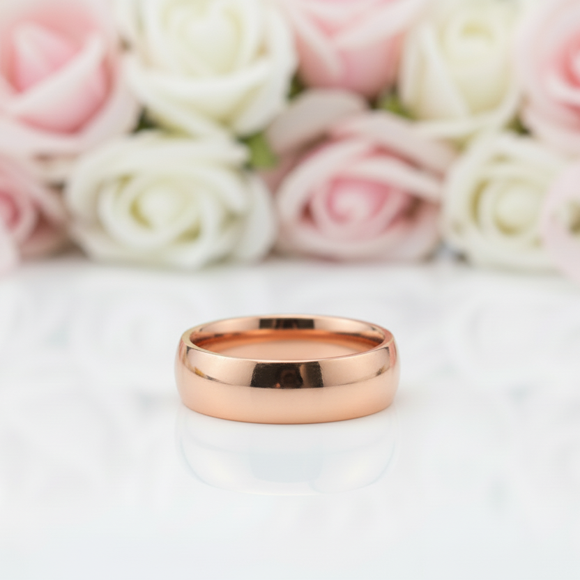 Rose gold ring on a white surface with pink and white roses in the background