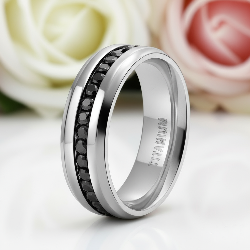 Men's Titanium Wedding Band with Diamond-Black Diamonds New York