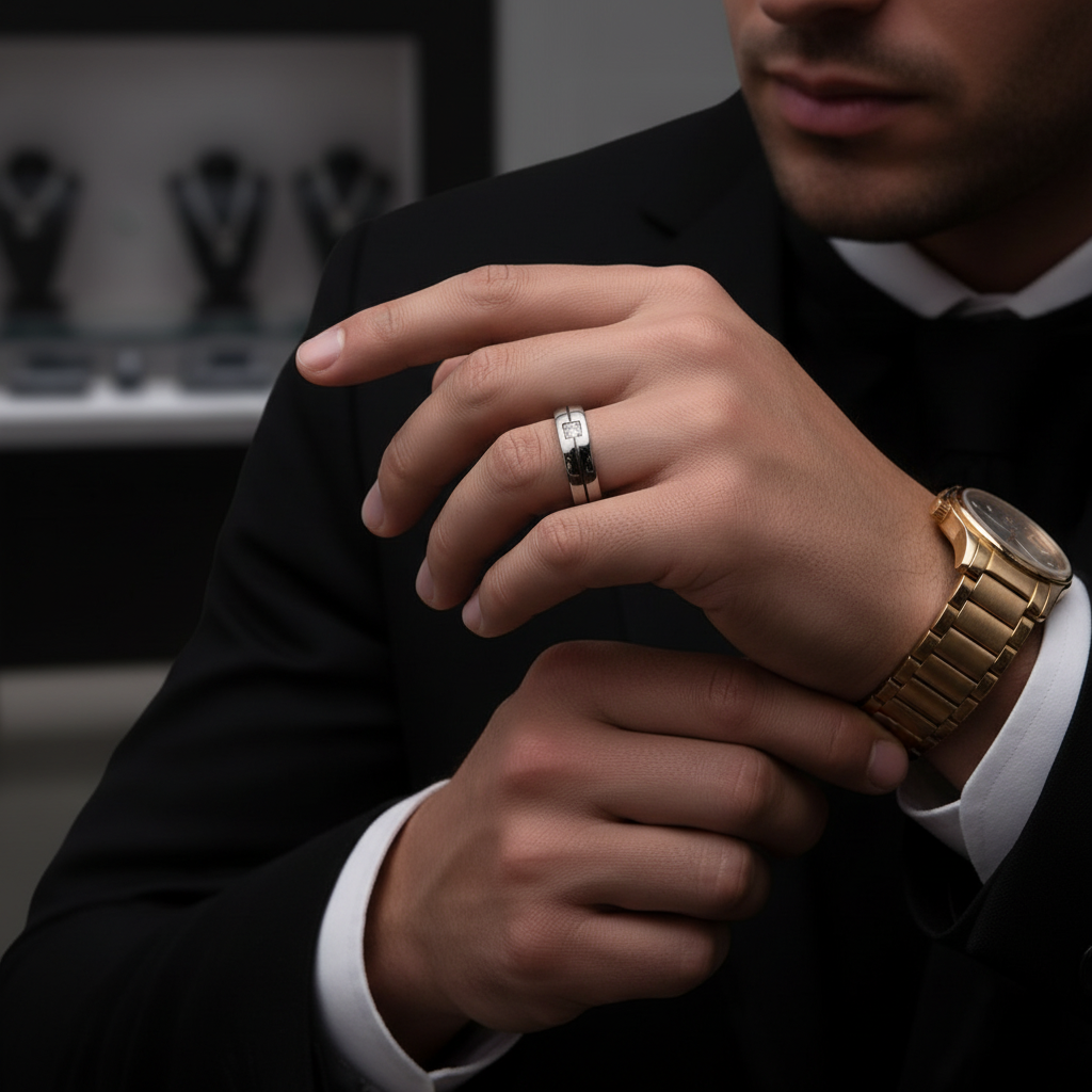 Men's Titanium Wedding Band with Diamond Option-Black Diamonds New York