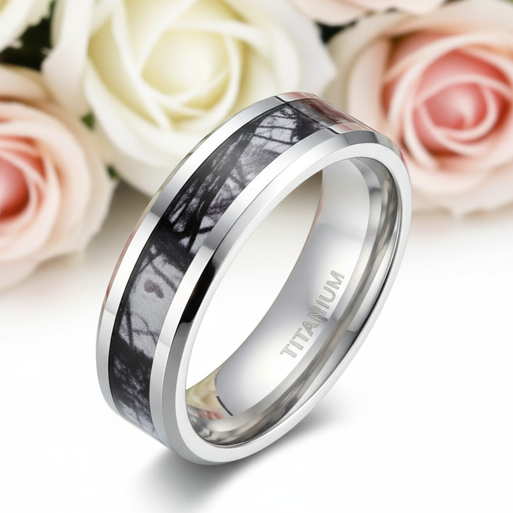 Men's Titanium Wedding Band with Forest Scenery-Black Diamonds New York