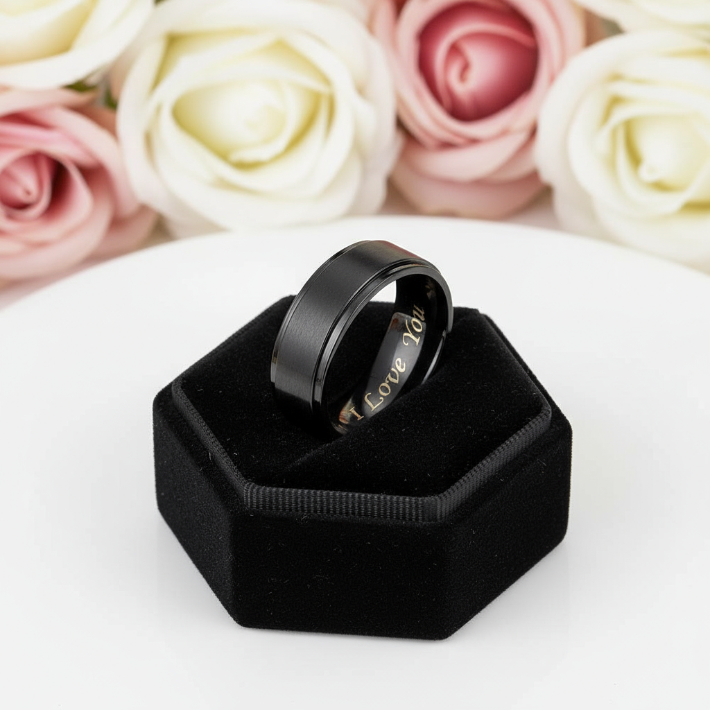 Men's Titanium Wedding Band with "I Love You" Engraving-Black Diamonds New York
