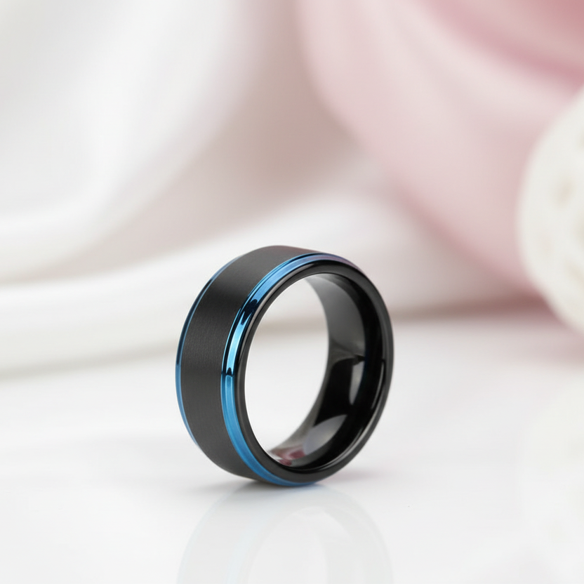 Men's Tungsten 8mm Black And Blue Line Wedding Band-Black Diamonds New York