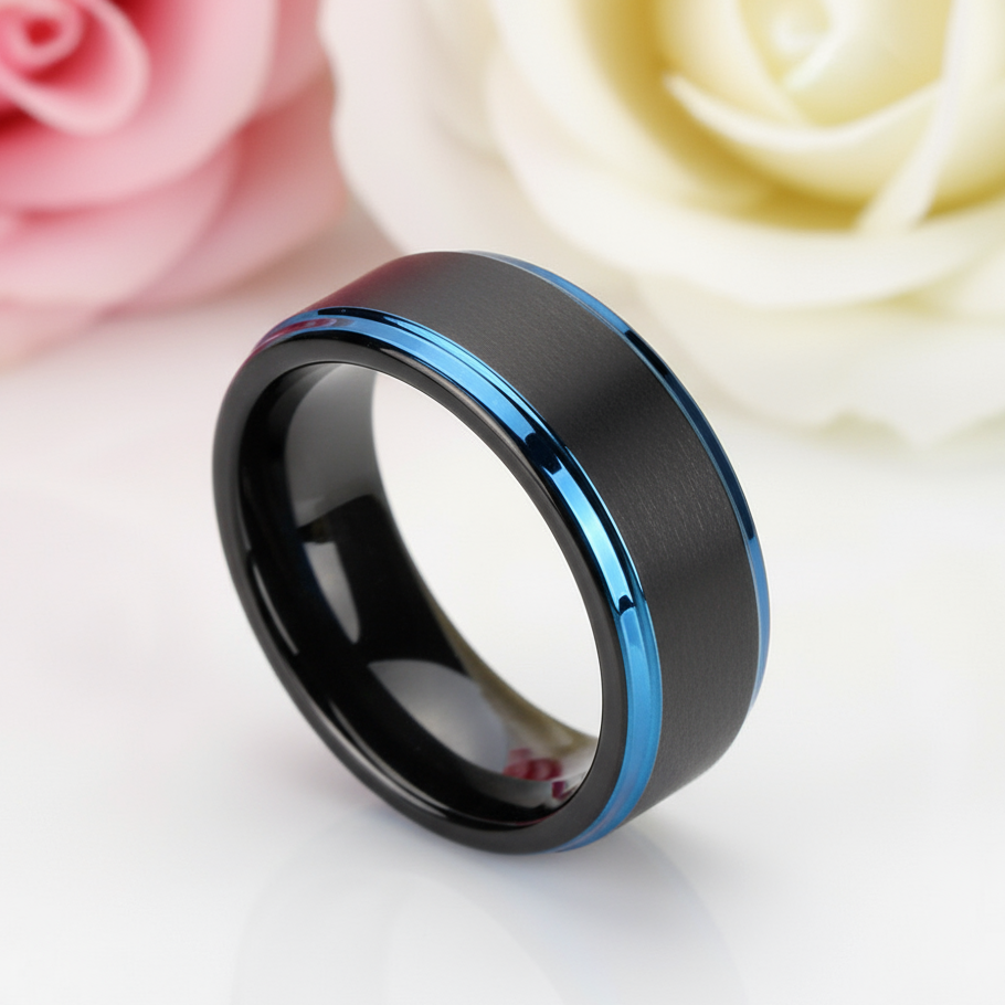 Men's Tungsten 8mm Black And Blue Line Wedding Band-Black Diamonds New York