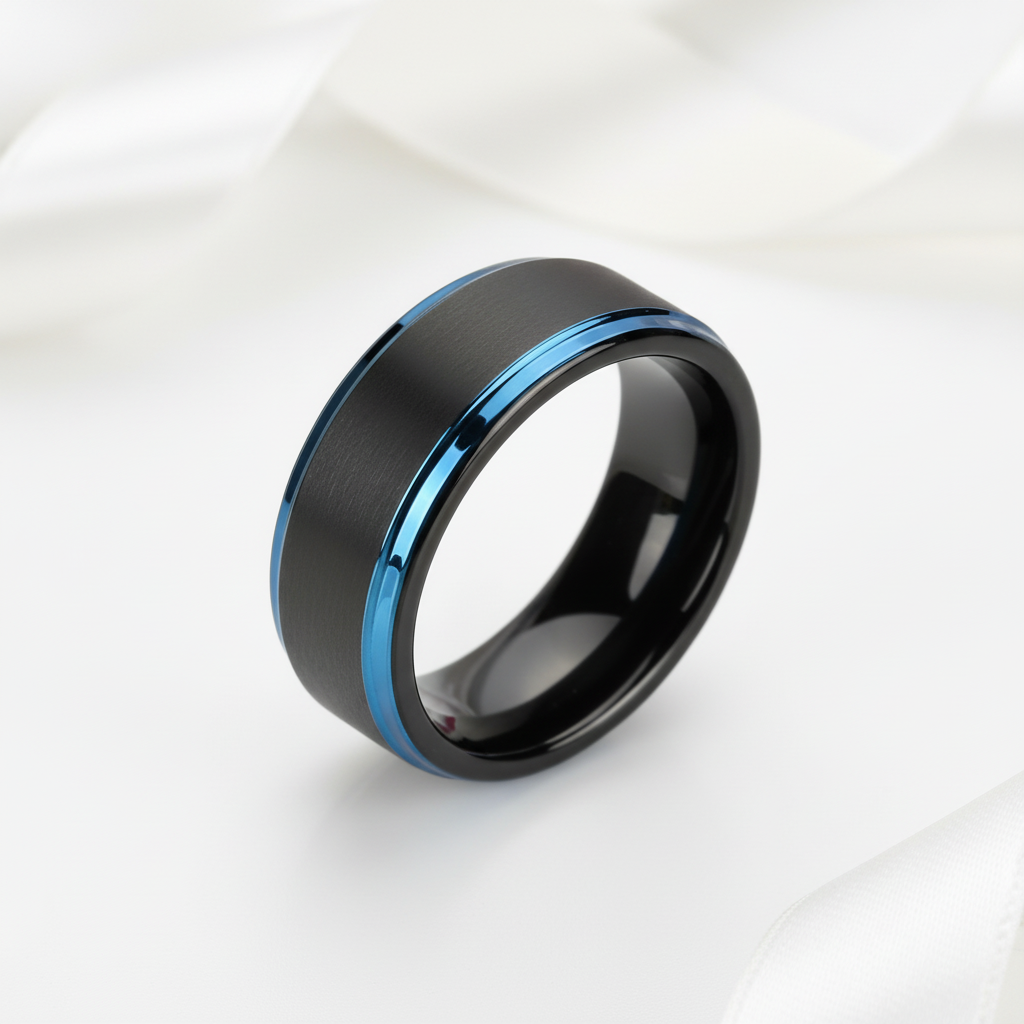Men's Tungsten 8mm Black And Blue Line Wedding Band-Black Diamonds New York