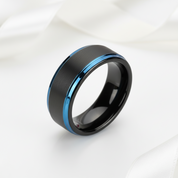 Men's Tungsten 8mm Black And Blue Line Wedding Band-Black Diamonds New York