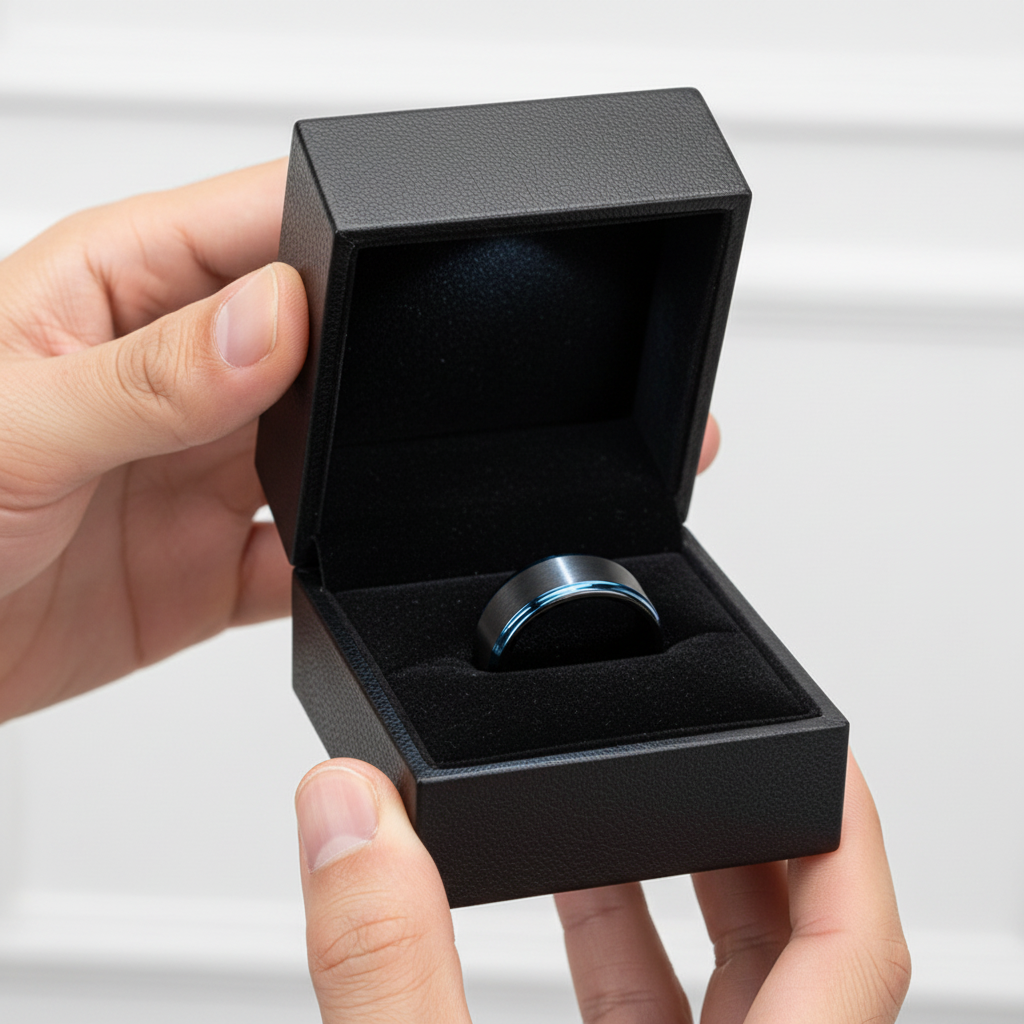 Men's Tungsten 8mm Black And Blue Line Wedding Band-Black Diamonds New York