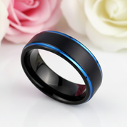 Men's Tungsten 8mm Black And Blue Line Wedding Band-Black Diamonds New York