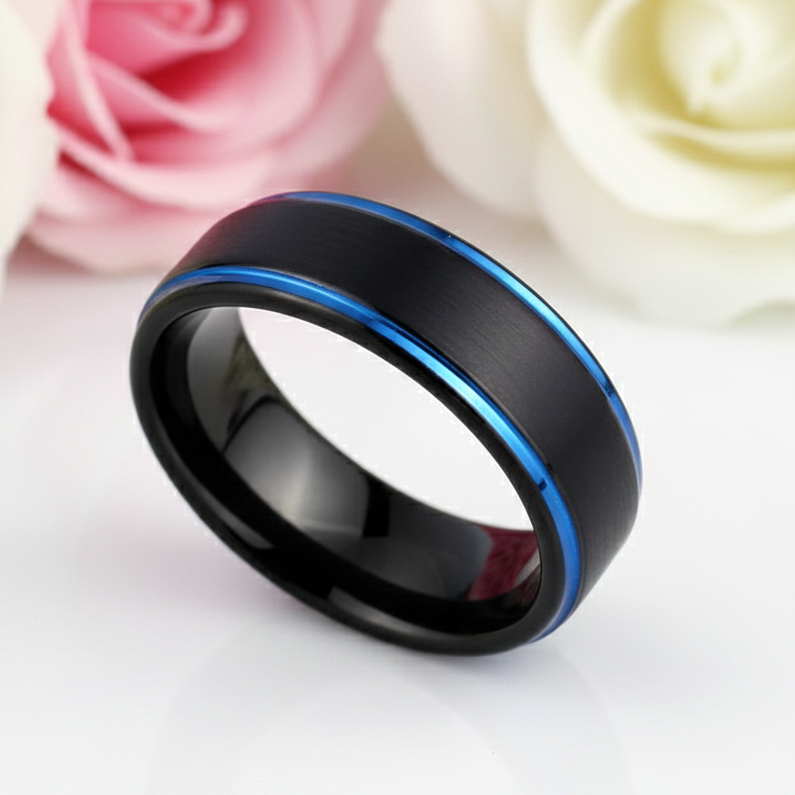 Men's Tungsten 8mm Black And Blue Line Wedding Band-Black Diamonds New York
