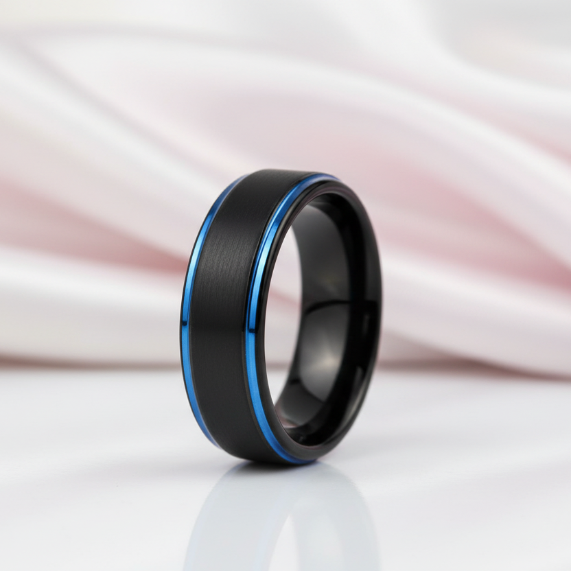 Men's Tungsten 8mm Black And Blue Line Wedding Band-Black Diamonds New York