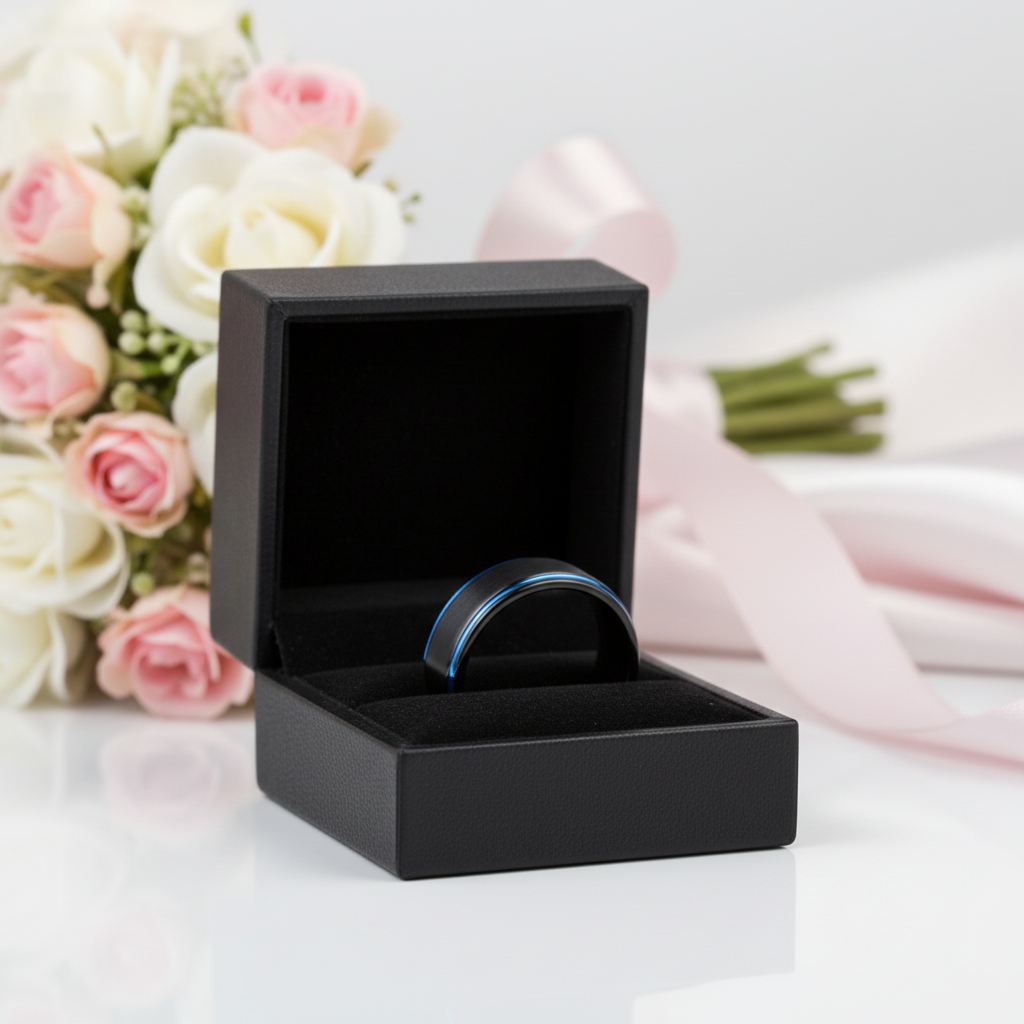 Men's Tungsten 8mm Black And Blue Line Wedding Band-Black Diamonds New York