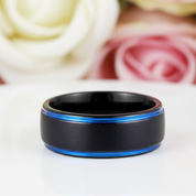 Men's Tungsten 8mm Black And Blue Line Wedding Band-Black Diamonds New York