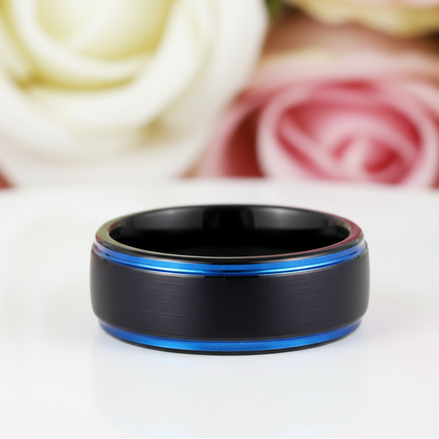 Men's Tungsten 8mm Black And Blue Line Wedding Band-Black Diamonds New York
