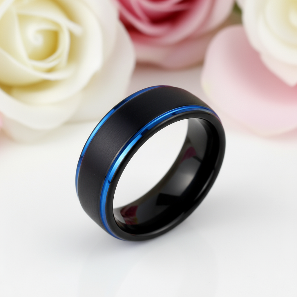 Men's Tungsten 8mm Black And Blue Line Wedding Band-Black Diamonds New York