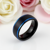 Men's Tungsten 8mm Black And Blue Line Wedding Band-Black Diamonds New York