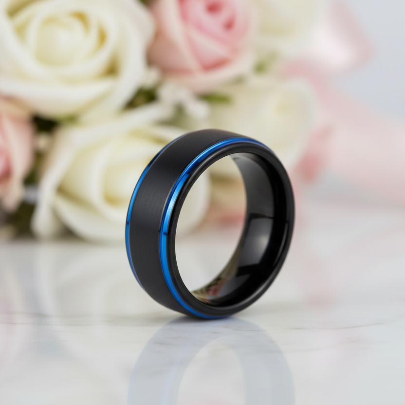 Men's Tungsten 8mm Black And Blue Line Wedding Band-Black Diamonds New York