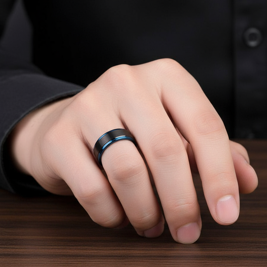 Men's Tungsten 8mm Black And Blue Line Wedding Band-Black Diamonds New York