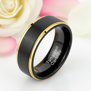 Men's Tungsten Carbide 8mm Black Golden Line Wedding Band-Black Diamonds New York