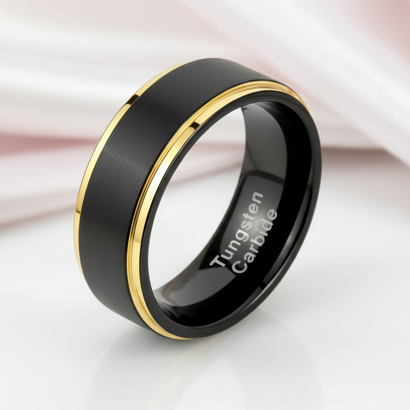 Men's Tungsten Carbide 8mm Black Golden Line Wedding Band-Black Diamonds New York