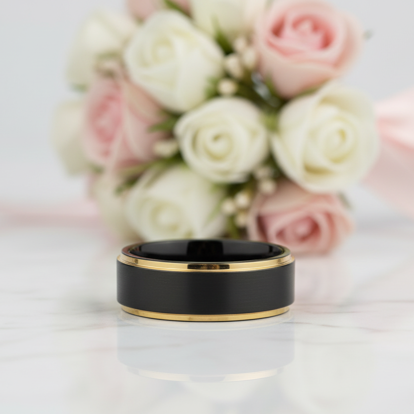 Men's Tungsten Carbide 8mm Black Golden Line Wedding Band-Black Diamonds New York