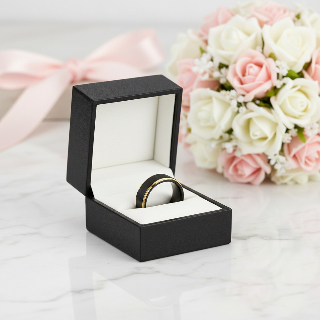 Men's Tungsten Carbide 8mm Black Golden Line Wedding Band-Black Diamonds New York