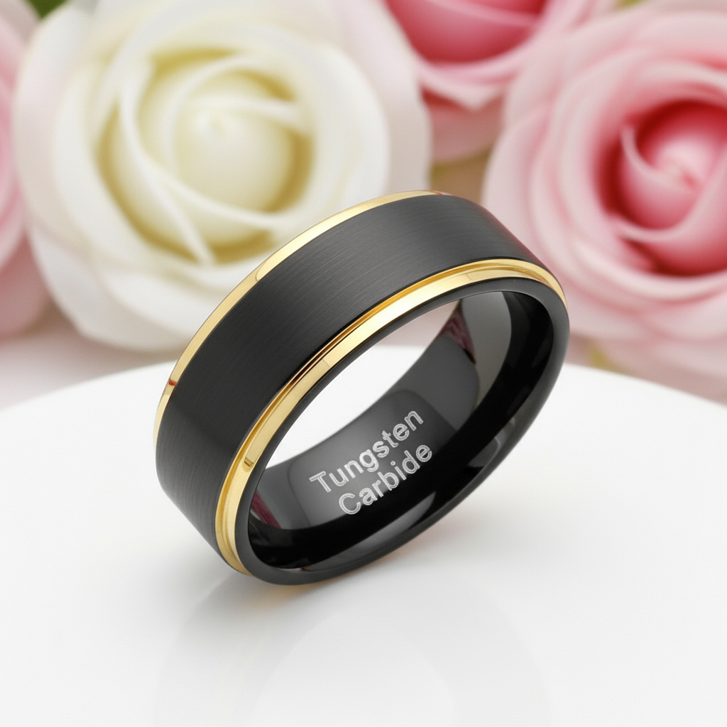 Men's Tungsten Carbide 8mm Black Golden Line Wedding Band-Black Diamonds New York