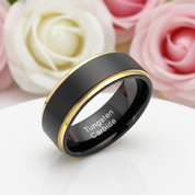Men's Tungsten Carbide 8mm Black Golden Line Wedding Band-Black Diamonds New York