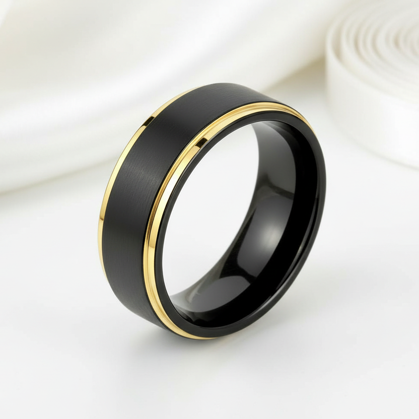 Men's Tungsten Carbide 8mm Black Golden Line Wedding Band-Black Diamonds New York