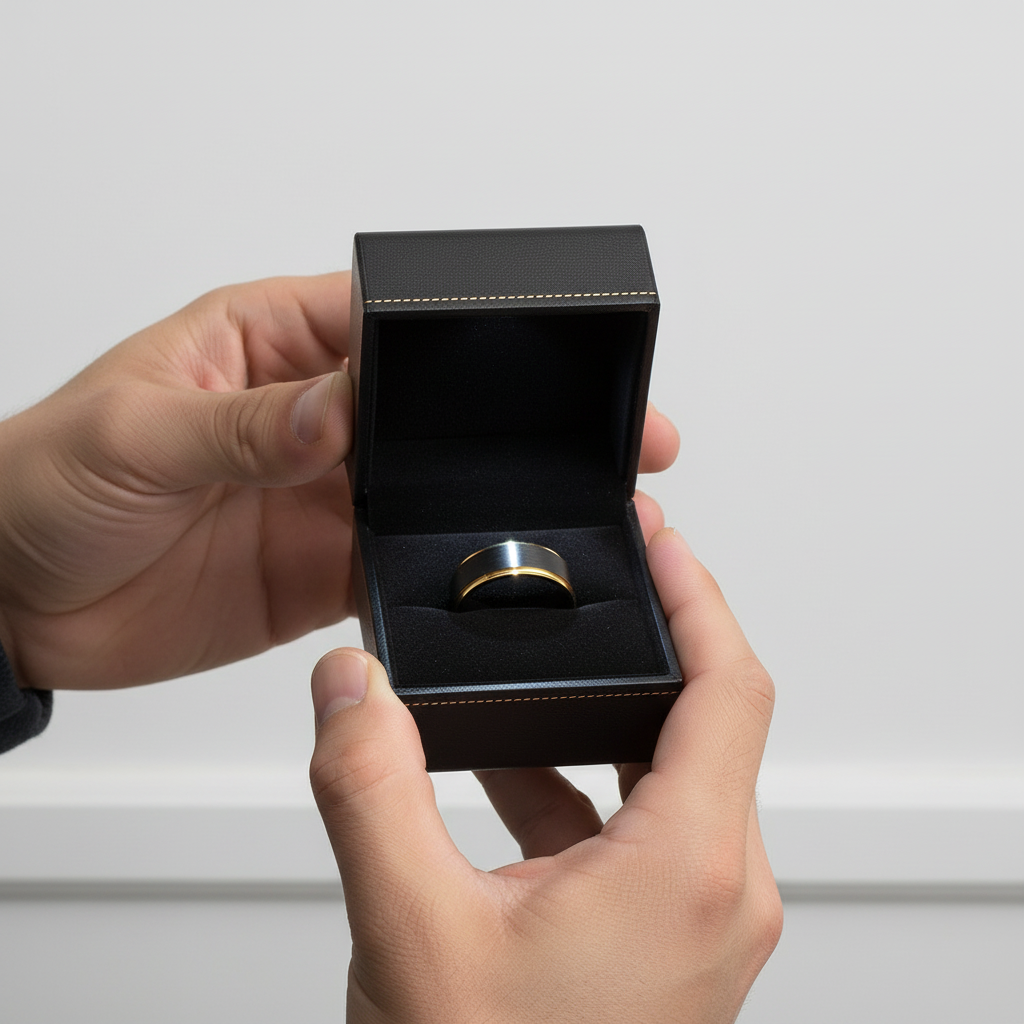 Men's Tungsten Carbide 8mm Black Golden Line Wedding Band-Black Diamonds New York