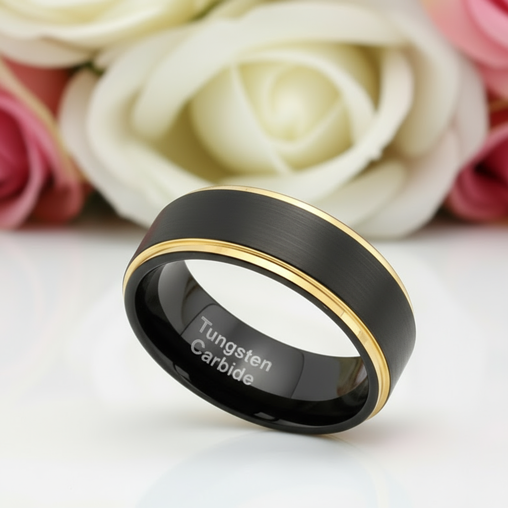 Men's Tungsten Carbide 8mm Black Golden Line Wedding Band-Black Diamonds New York