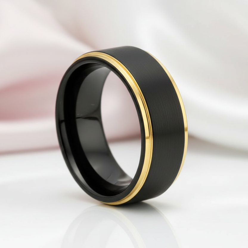 Men's Tungsten Carbide 8mm Black Golden Line Wedding Band-Black Diamonds New York