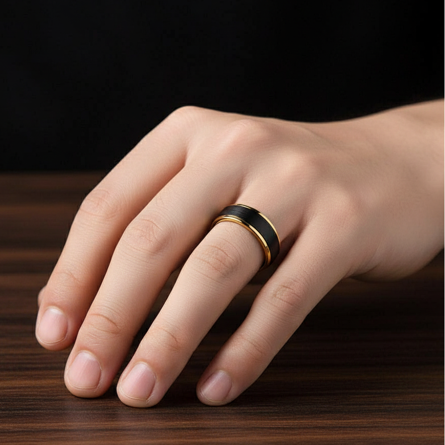 Men's Tungsten Carbide 8mm Black Golden Line Wedding Band-Black Diamonds New York