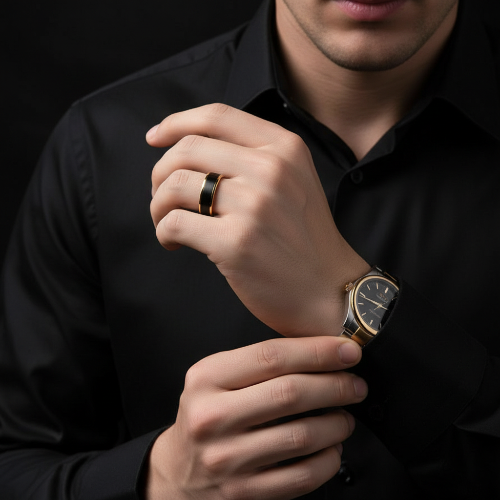 Men's Tungsten Carbide 8mm Black Golden Line Wedding Band-Black Diamonds New York
