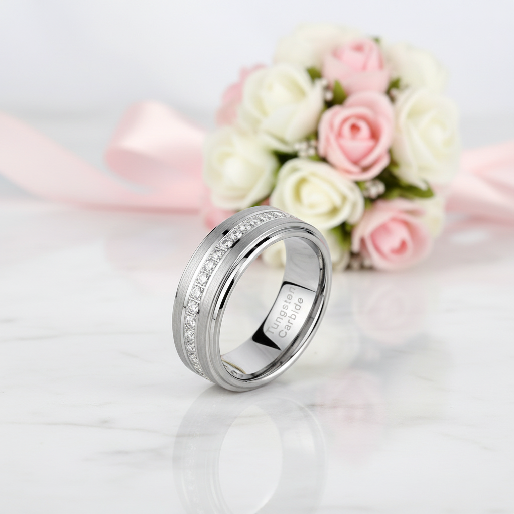 8mm Men's Tungsten Carbide Wedding Band-Black Diamonds New York