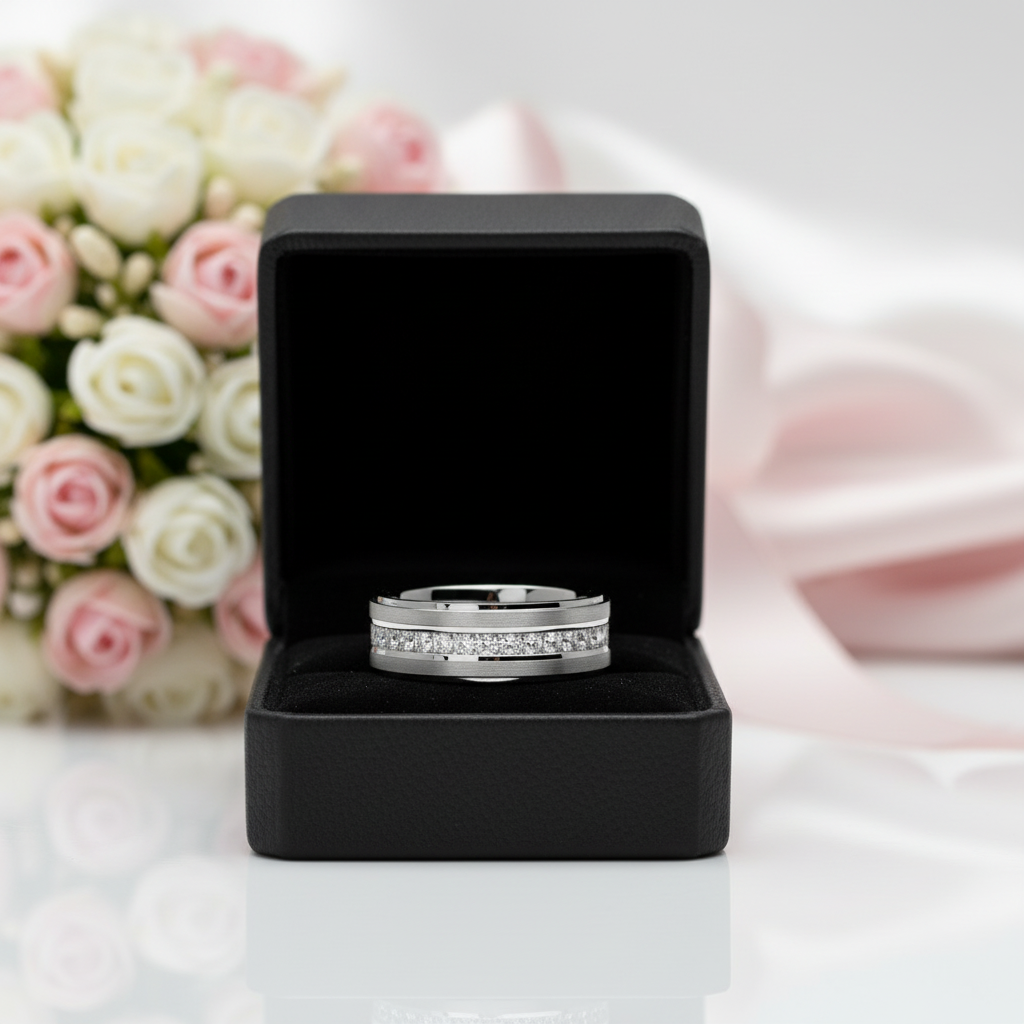 8mm Men's Tungsten Carbide Wedding Band-Black Diamonds New York