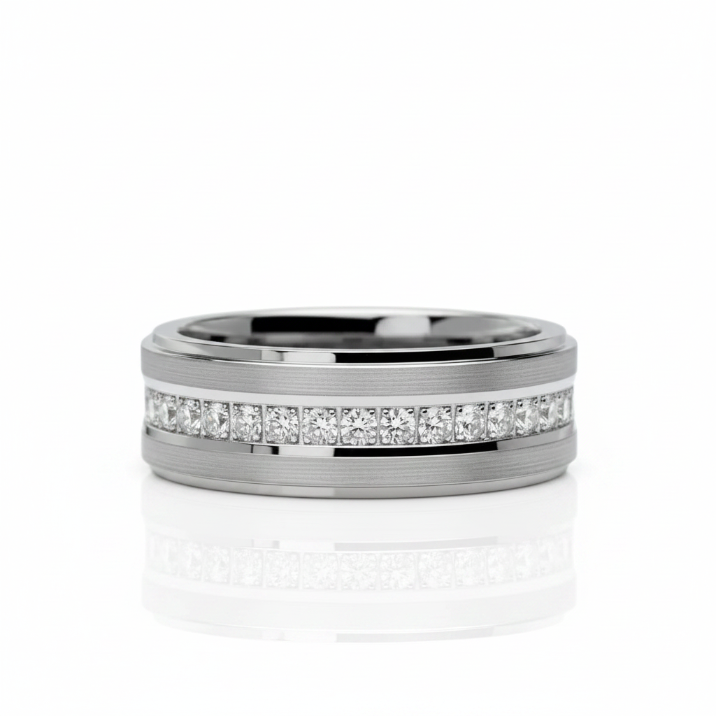 A silver-toned metal band ring featuring a channel-set row of clear diamonds on the front, photographed on a clean white background with a soft reflection below.