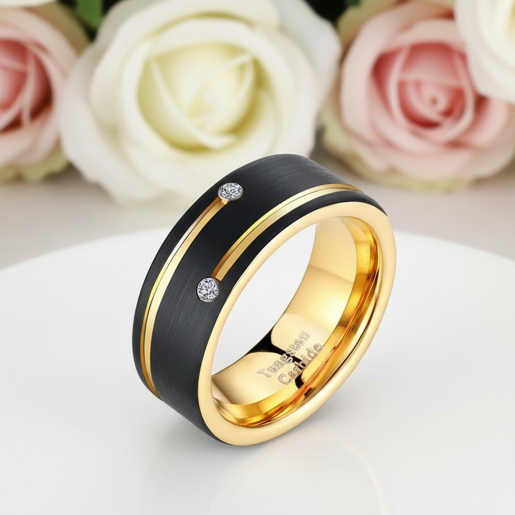 Men's Tungsten Carbide Black and Gold 8mm Wedding Band-Black Diamonds New York