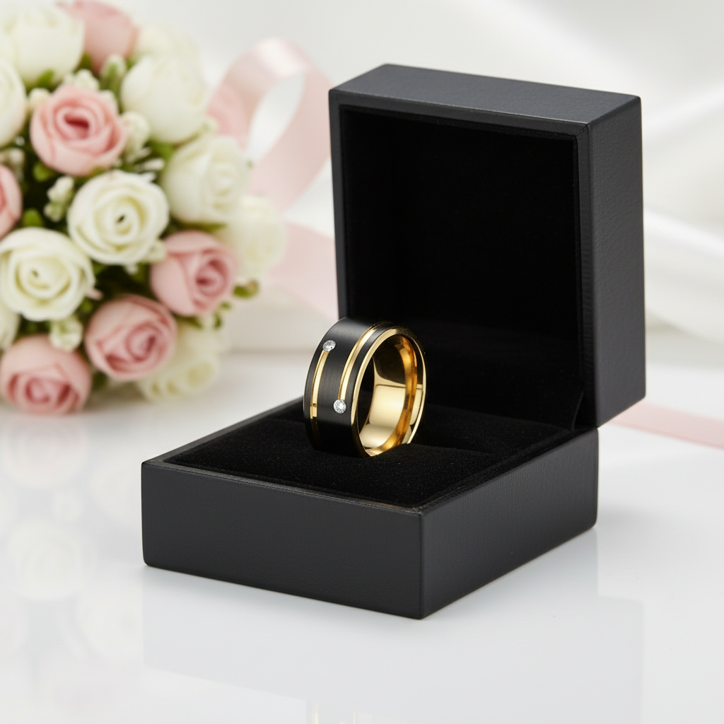 Men's Tungsten Carbide Black and Gold 8mm Wedding Band-Black Diamonds New York