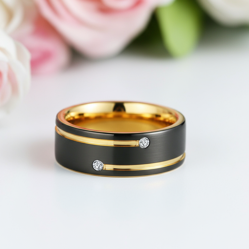 Men's Tungsten Carbide Black and Gold 8mm Wedding Band-Black Diamonds New York