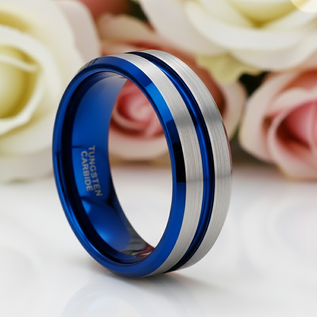 Men's Tungsten Carbide Groove Wedding Band-Black Diamonds New York