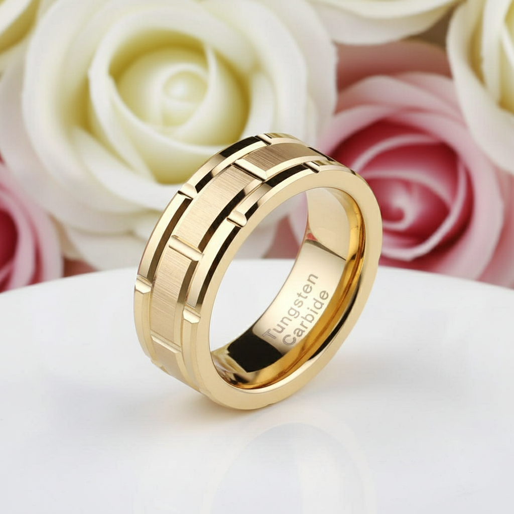 Men's Tungsten Carbide Ring 8mm Gold Brick Pattern Wedding Band-Black Diamonds New York