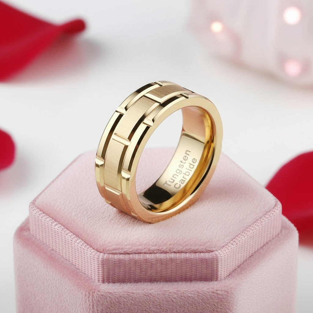 Men's Tungsten Carbide Ring 8mm Gold Brick Pattern Wedding Band-Black Diamonds New York