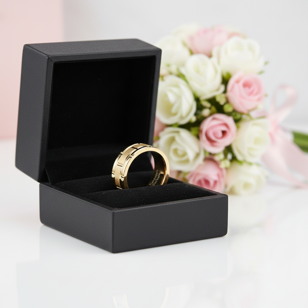 Men's Tungsten Carbide Ring 8mm Gold Brick Pattern Wedding Band-Black Diamonds New York
