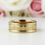 Men's Tungsten Carbide Ring 8mm Gold Brick Pattern Wedding Band-Black Diamonds New York