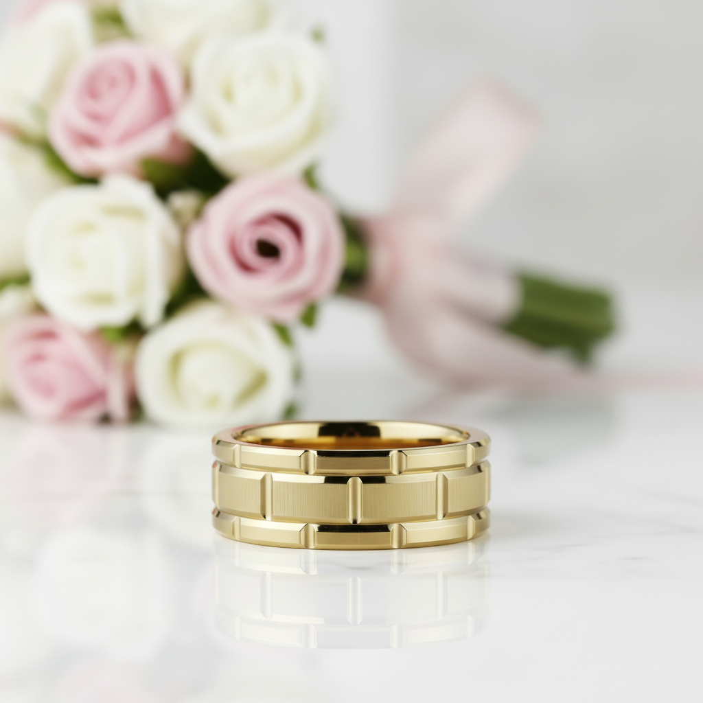 Men's Tungsten Carbide Ring 8mm Gold Brick Pattern Wedding Band-Black Diamonds New York