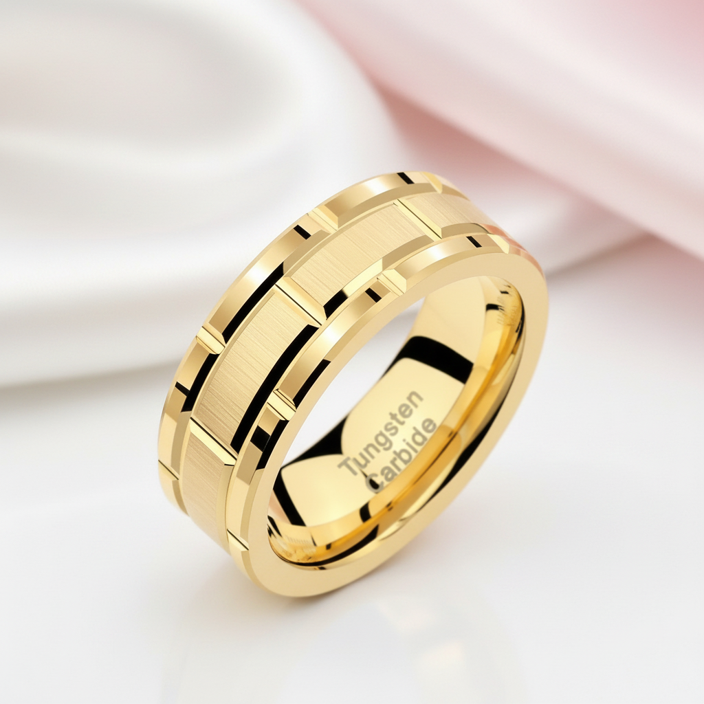 Men's Tungsten Carbide Ring 8mm Gold Brick Pattern Wedding Band-Black Diamonds New York