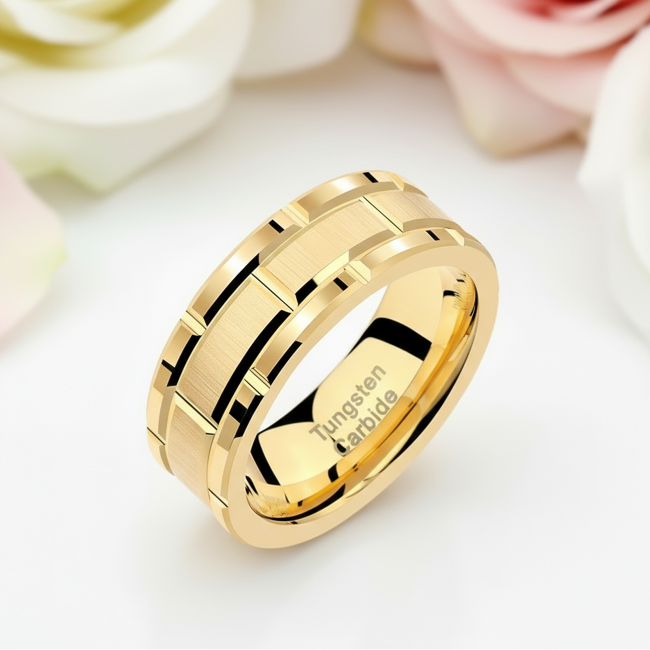 Men's Tungsten Carbide Ring 8mm Gold Brick Pattern Wedding Band-Black Diamonds New York