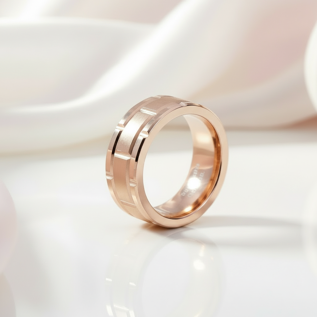 Men's Tungsten Carbide Ring 8mm Rose Gold Brick Pattern-Black Diamonds New York