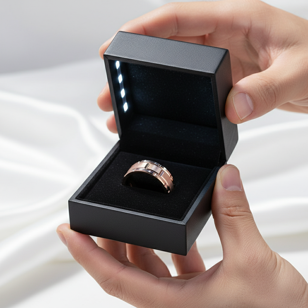 Men's Tungsten Carbide Ring 8mm Rose Gold Brick Pattern-Black Diamonds New York