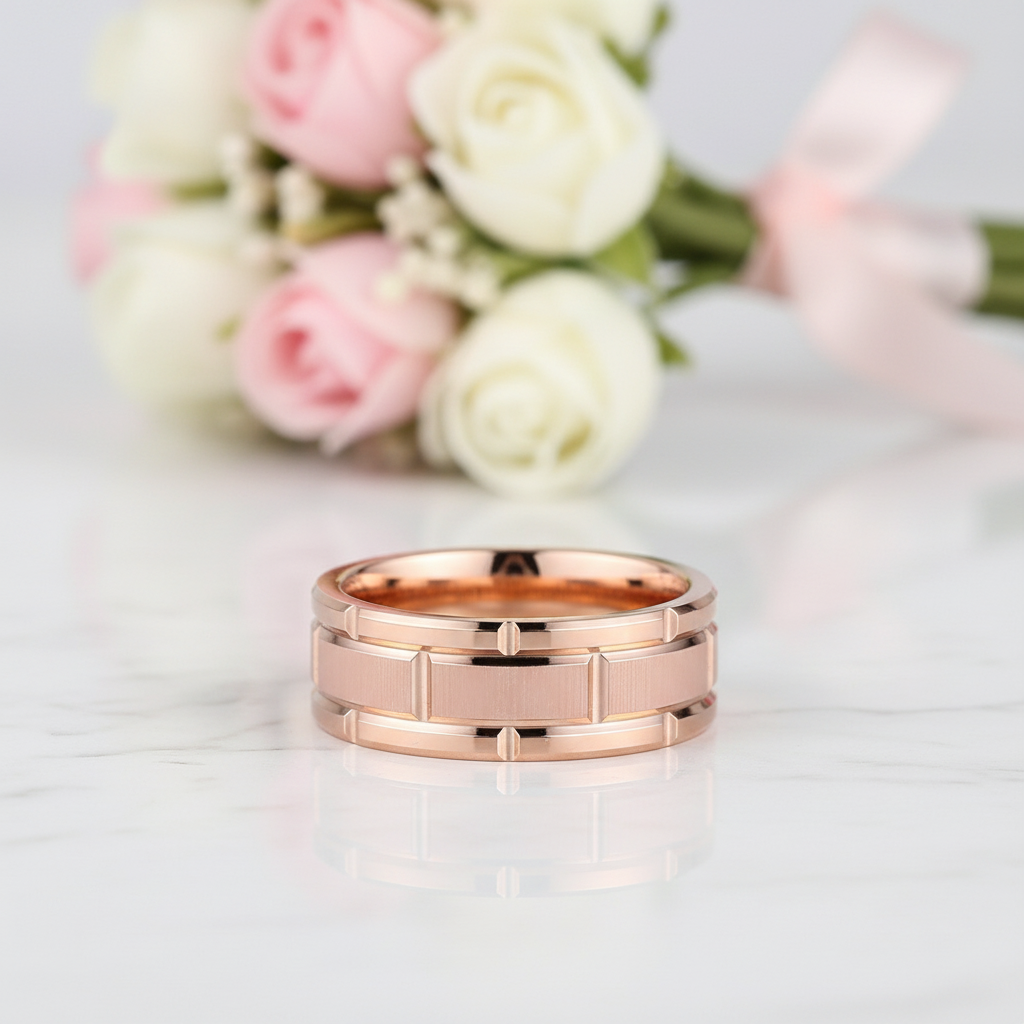 Men's Tungsten Carbide Ring 8mm Rose Gold Brick Pattern-Black Diamonds New York