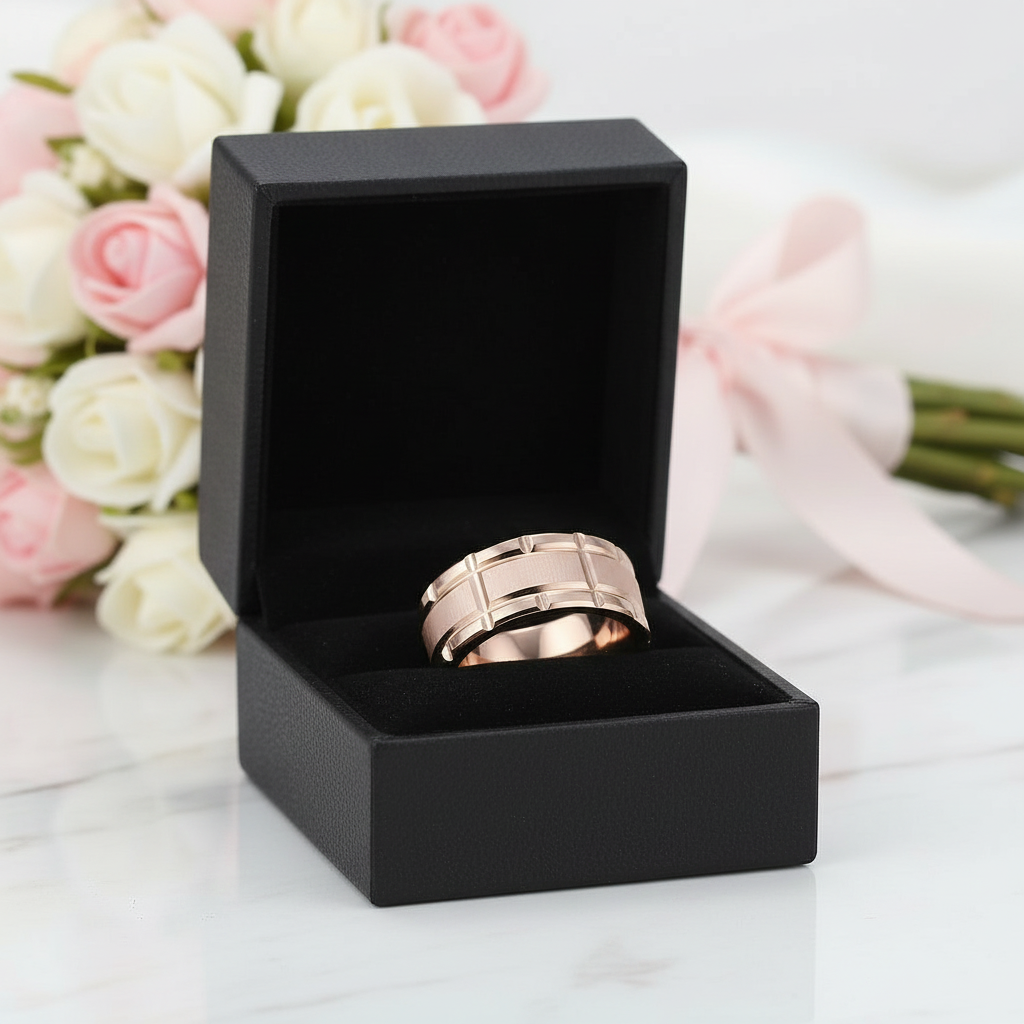 Men's Tungsten Carbide Ring 8mm Rose Gold Brick Pattern-Black Diamonds New York